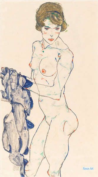 肖像 絵画 複製画 安い - エゴン・シーレ（Egon Schiele） - 大型カスタム絵画 - 青い布で女性ヌードを立てる