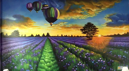 hot air balloon in lavender field landscape